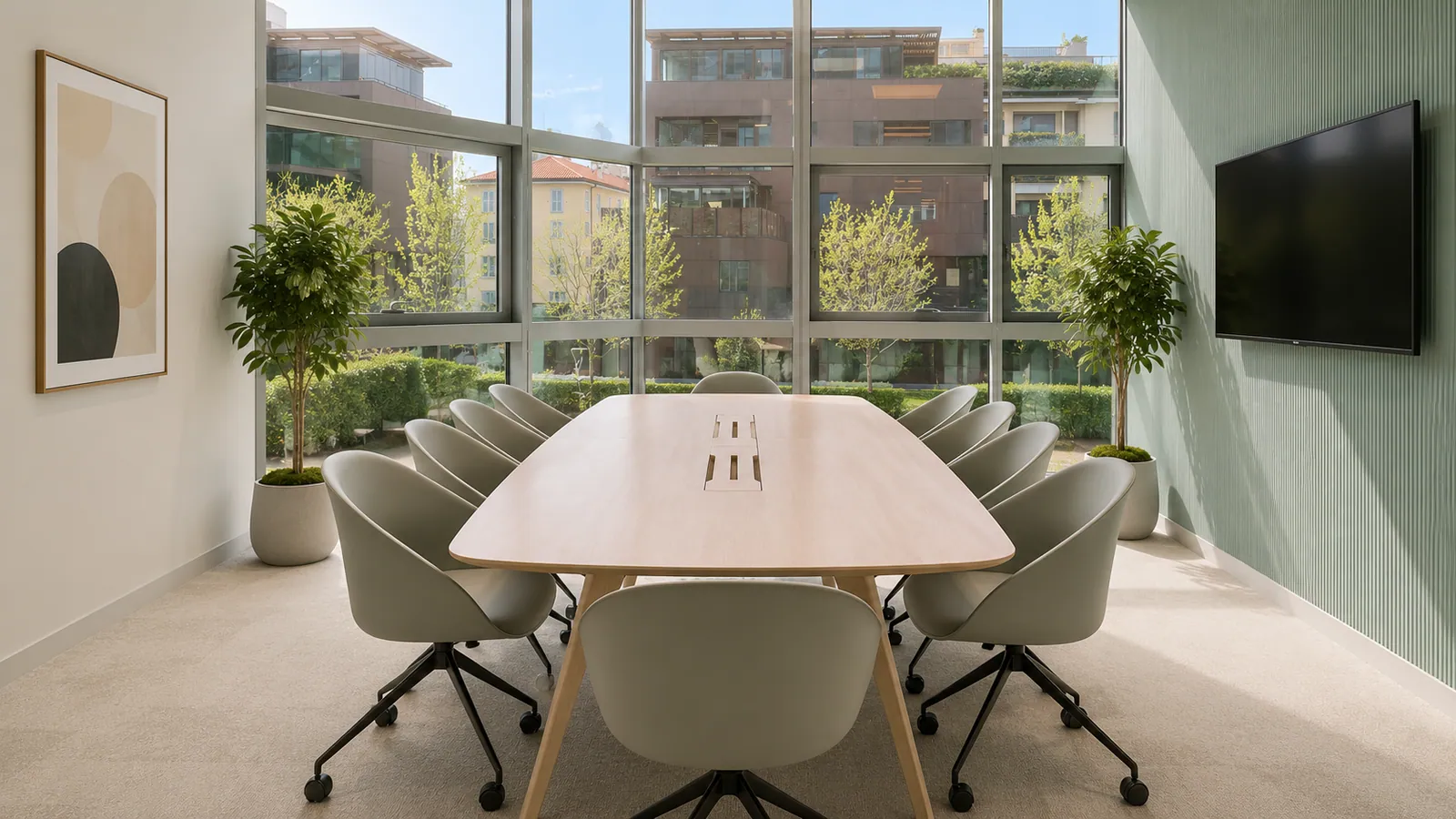 Sala riunioni con tavolo chiaro, sedute grigie, parete acustica verde e vetrate sul verde