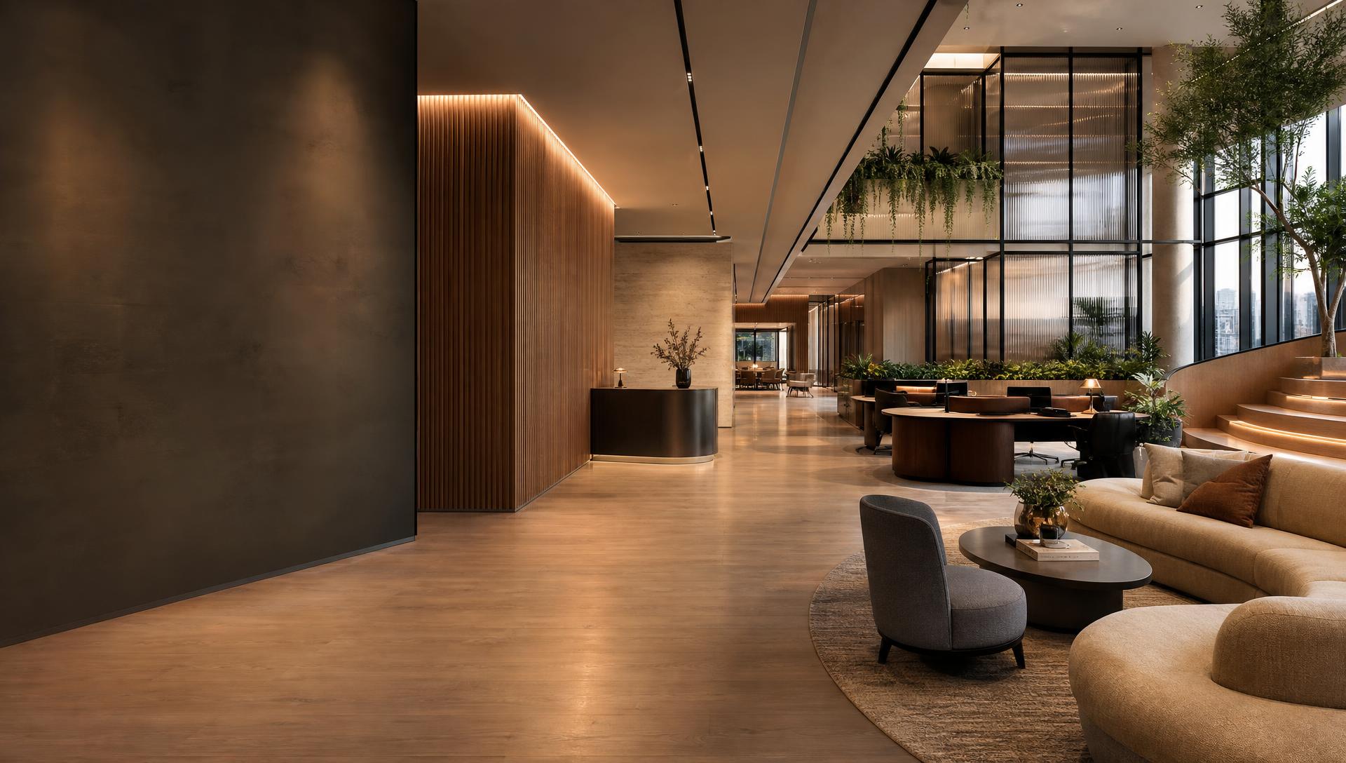Interno di un workplace contemporaneo: parete a doghe in legno, volume in pietra, illuminazione lineare, area lounge con sedute morbide, verde e vetrate a tutta altezza