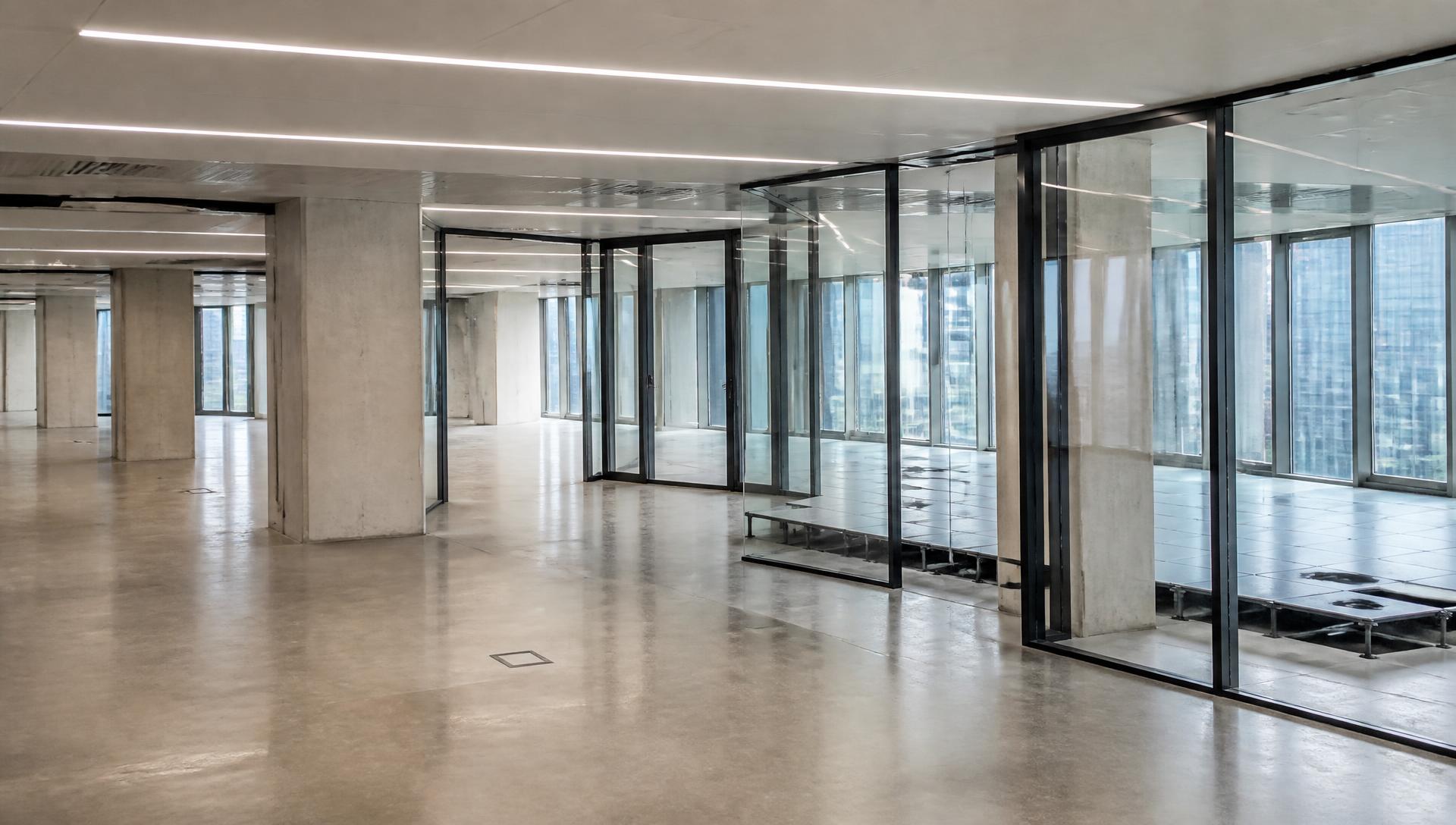Piano di uffici appena consegnato, pavimento sopraelevato e pareti vetrate in fase di installazione